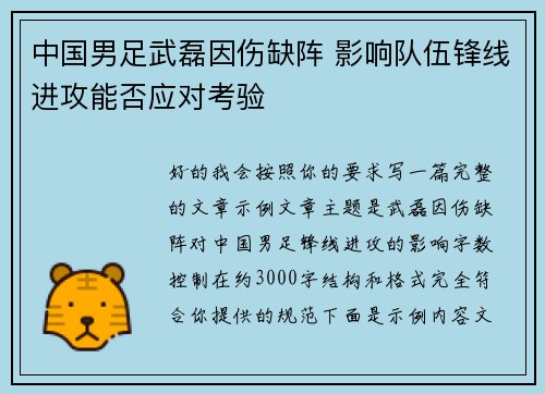 中国男足武磊因伤缺阵 影响队伍锋线进攻能否应对考验