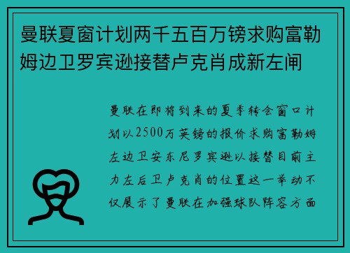 曼联夏窗计划两千五百万镑求购富勒姆边卫罗宾逊接替卢克肖成新左闸